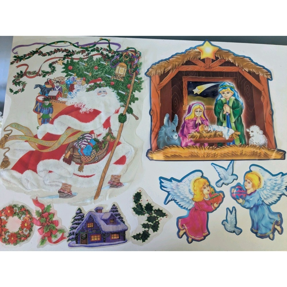 Vintage Christmas Window Clings Santa Nativity Angels Holiday Decor Lot